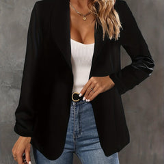 Solid Open Front Blazer Casual Lapel Ruched Sleeve Blazer