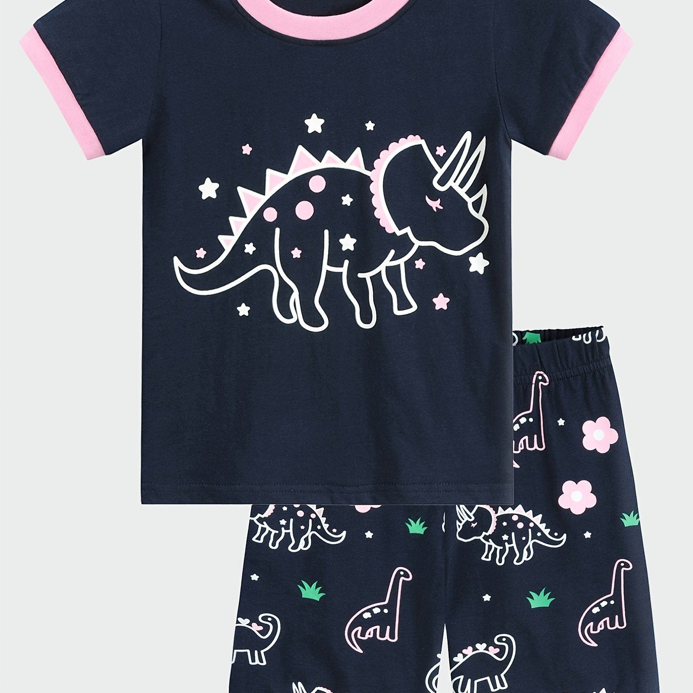Girls Dinosaur Pajama Set Short Sleeve Tee & Shorts Sleepwear Loungewear