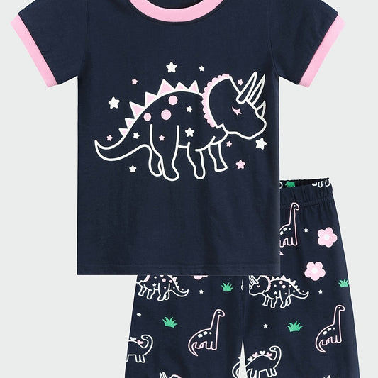 Girls Dinosaur Pajama Set Short Sleeve Tee & Shorts Sleepwear Loungewear