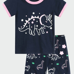 Girls Dinosaur Pajama Set Short Sleeve Tee & Shorts Sleepwear Loungewear