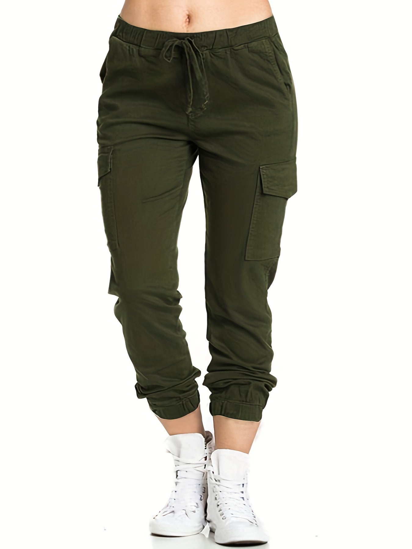 Y2K Solid Cargo Pants Elastic Waist Long Length With Pockets