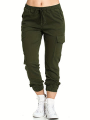 Y2K Solid Cargo Pants Elastic Waist Long Length With Pockets
