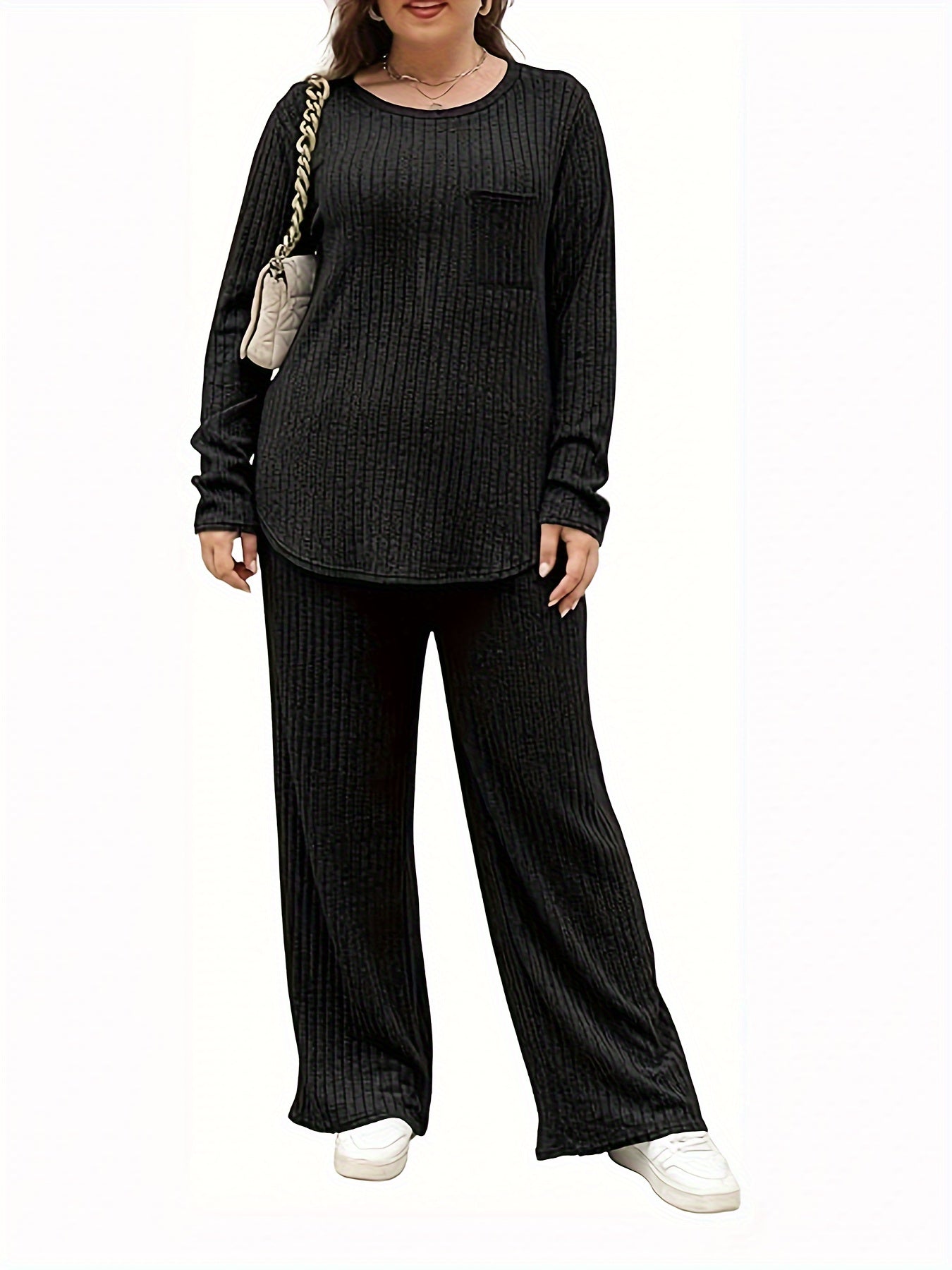 Ribbed Knit Top & Pants Outfit Set Long Sleeve Round Neck Pocket