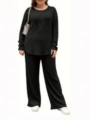 Ribbed Knit Top & Pants Outfit Set Long Sleeve Round Neck Pocket