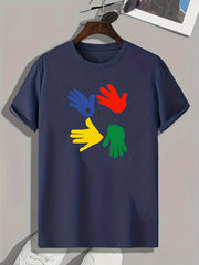 Colorful Hand Print Men's Comfy T shirt For Outdoor Summer