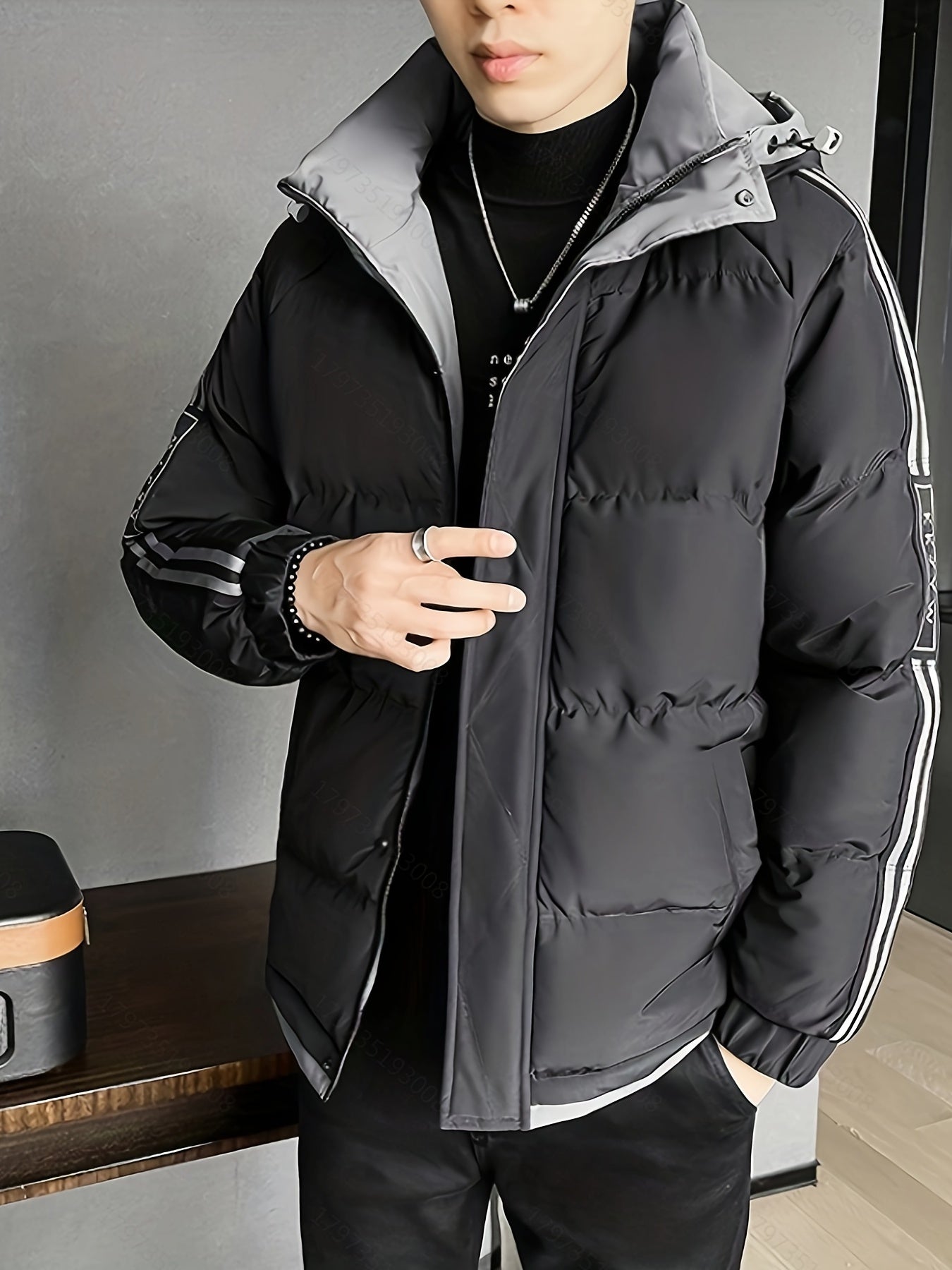 Men's Warm Hooded Zip Up Cotton Padded Jacket for Fall Winter