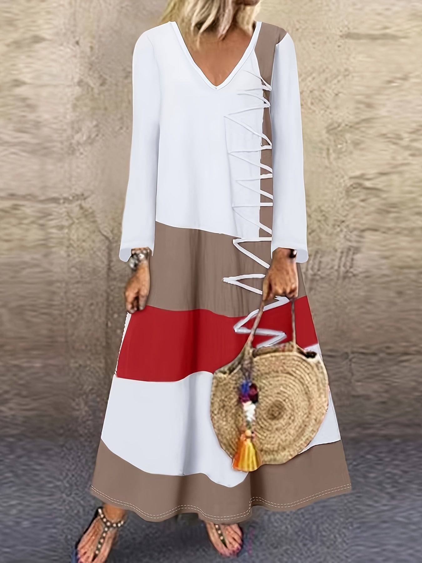 Colorblock Long Sleeve V Neck Maxi Dress