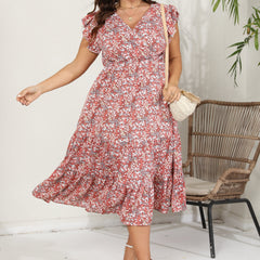 Ditsy Print Ruffle Sleeve V Neck Midi Dress