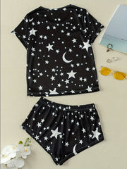 Star Print Pajama Set Short Sleeve Crew Neck Top & Elastic Waistband Shorts