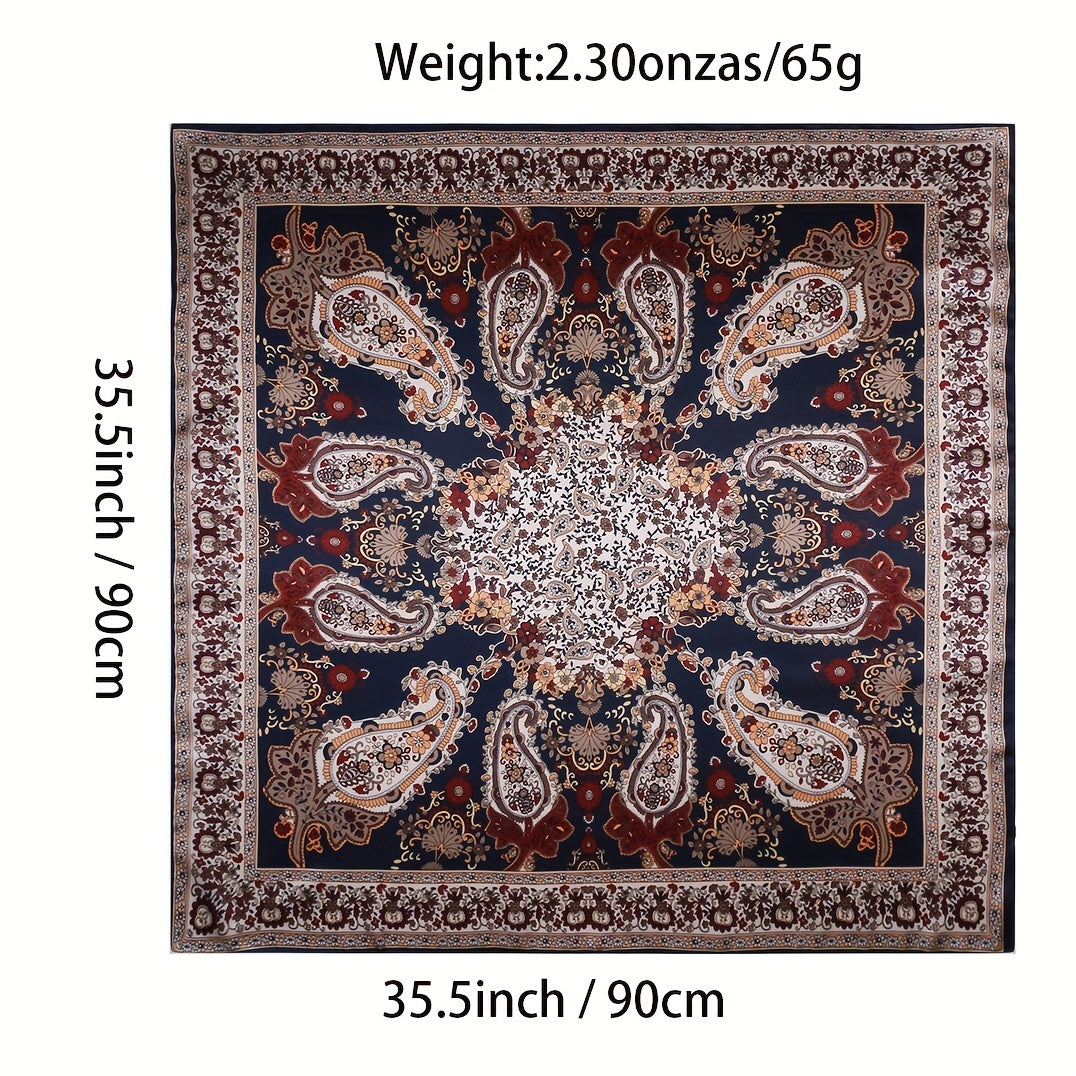 Vintage Brown Paisley Print Square Scarf Satin Shawl Bandana