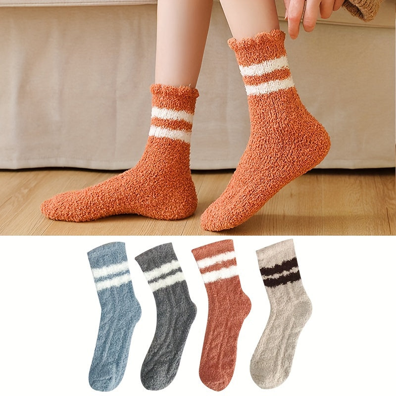4 Pairs Striped Fuzzy Socks Comfy & Warm Mid Tube Women's Stockings