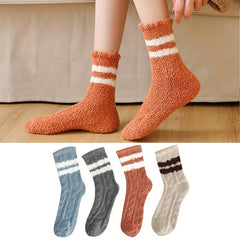 4 Pairs Striped Fuzzy Socks Comfy & Warm Mid Tube Women's Stockings