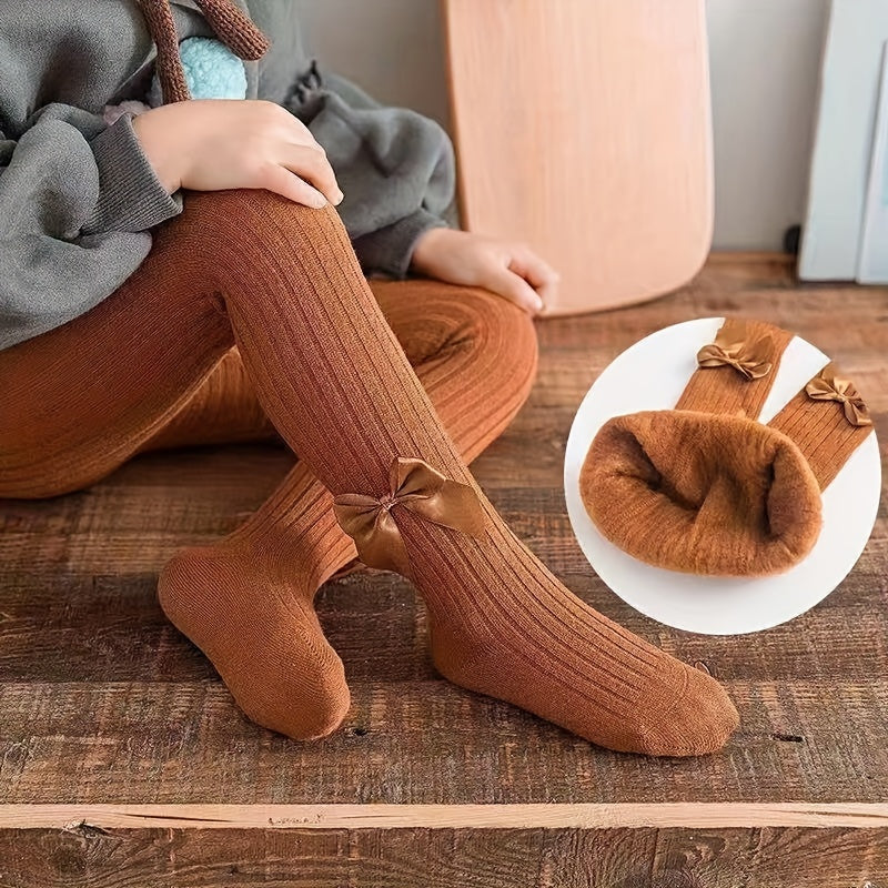 Baby Girls Kids Thin Fleece Knitted Pantyhose Bowknot Leggings