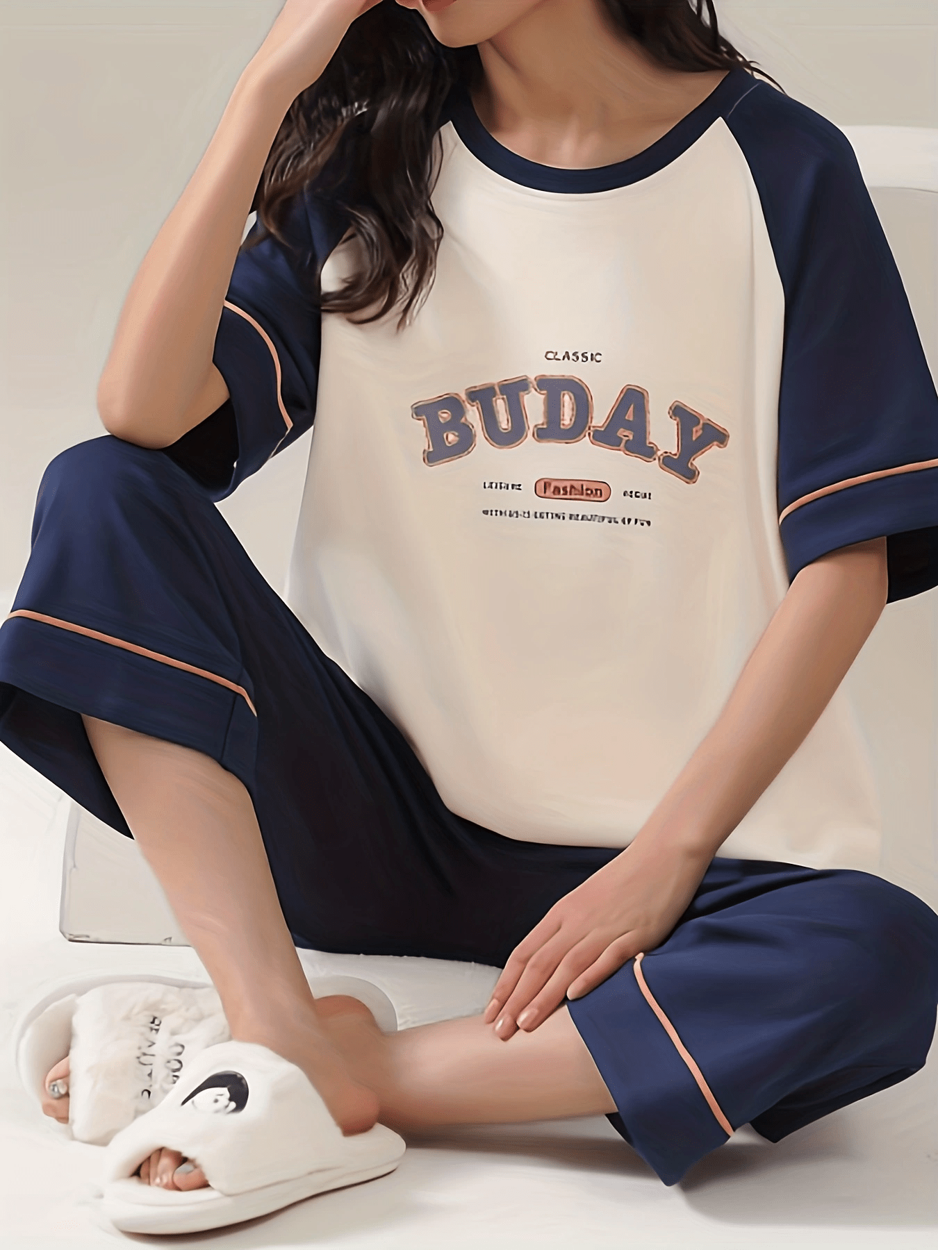 Letter Print Pajama Set Comfort Half Sleeve Top & Loose Cropped Pants