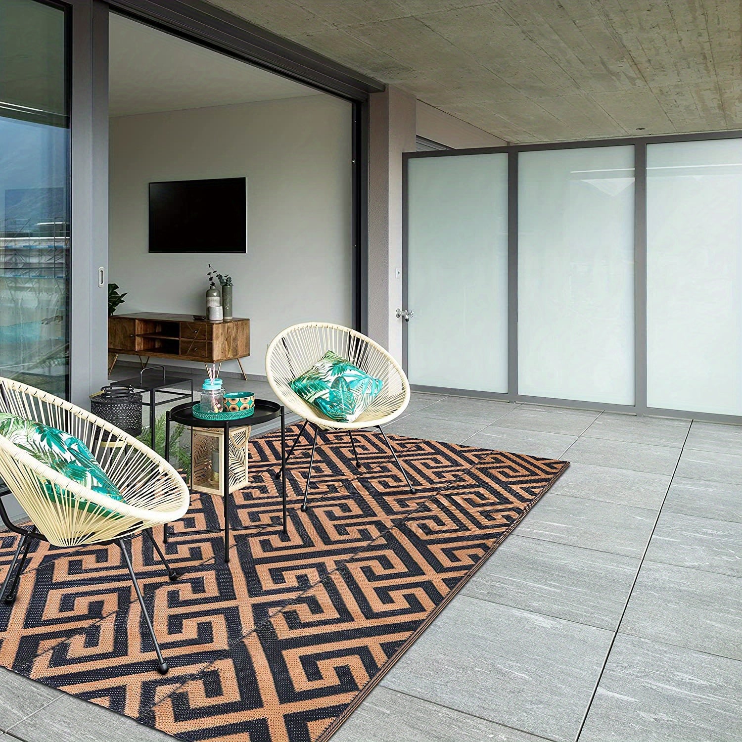 Beige Plaid Outdoor Rug Mat - Reversible Patio Rug