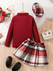 Girl's Preppy Style Outfit 3pcs Set Ribbed Turtleneck Top & Beret & Plaid Skirt