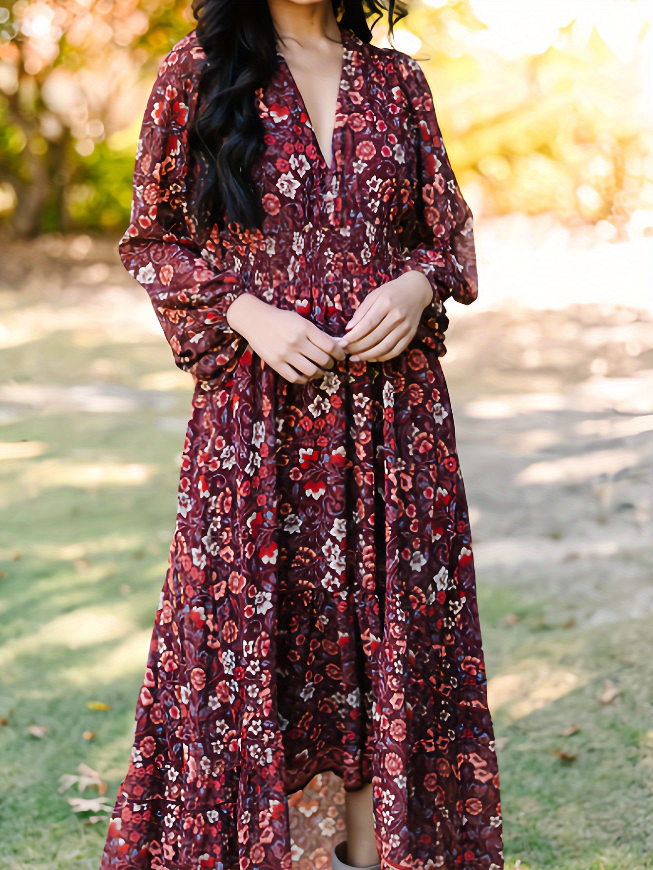 Floral Print Long Sleeve V Neck Waist Dress