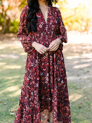 Floral Print Long Sleeve V Neck Waist Dress