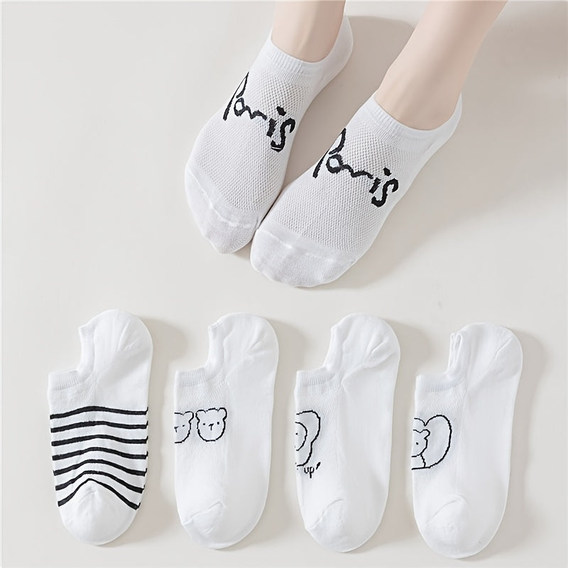 5 Pairs Bear Print Socks Comfy Low Cut Ankle Women's Stockings