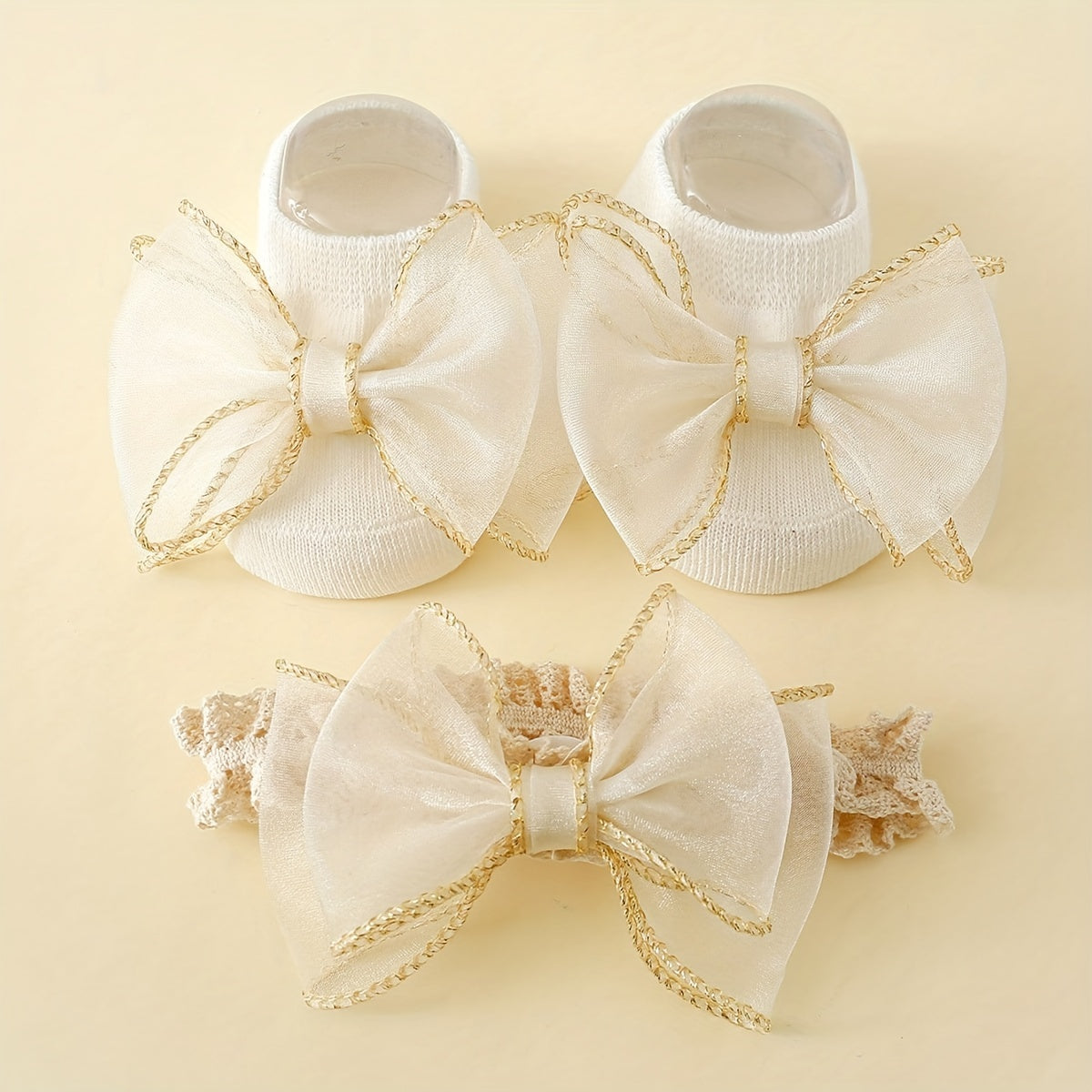 Golden Edge Large Lace Knot Ankle Socks with Baby Hairband