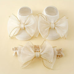 Golden Edge Large Lace Knot Ankle Socks with Baby Hairband