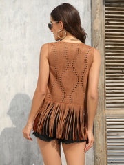 Fringe Trim Cut Out Vest Jacket Sleeveless