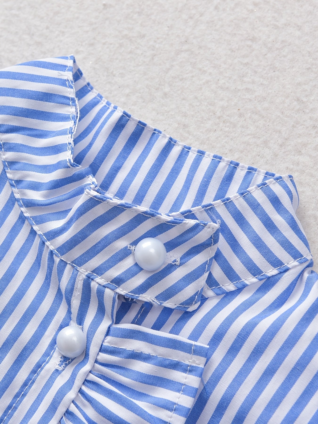 Girls Striped Pearl Button Ruffled Sleeves Lace Trim Shirt Tops