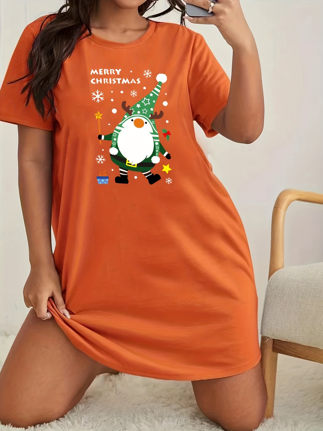 Christmas Lounge Dress Women's Plus Gnome & Snowflake Print Nightdress