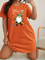 Christmas Lounge Dress Women's Plus Gnome & Snowflake Print Nightdress