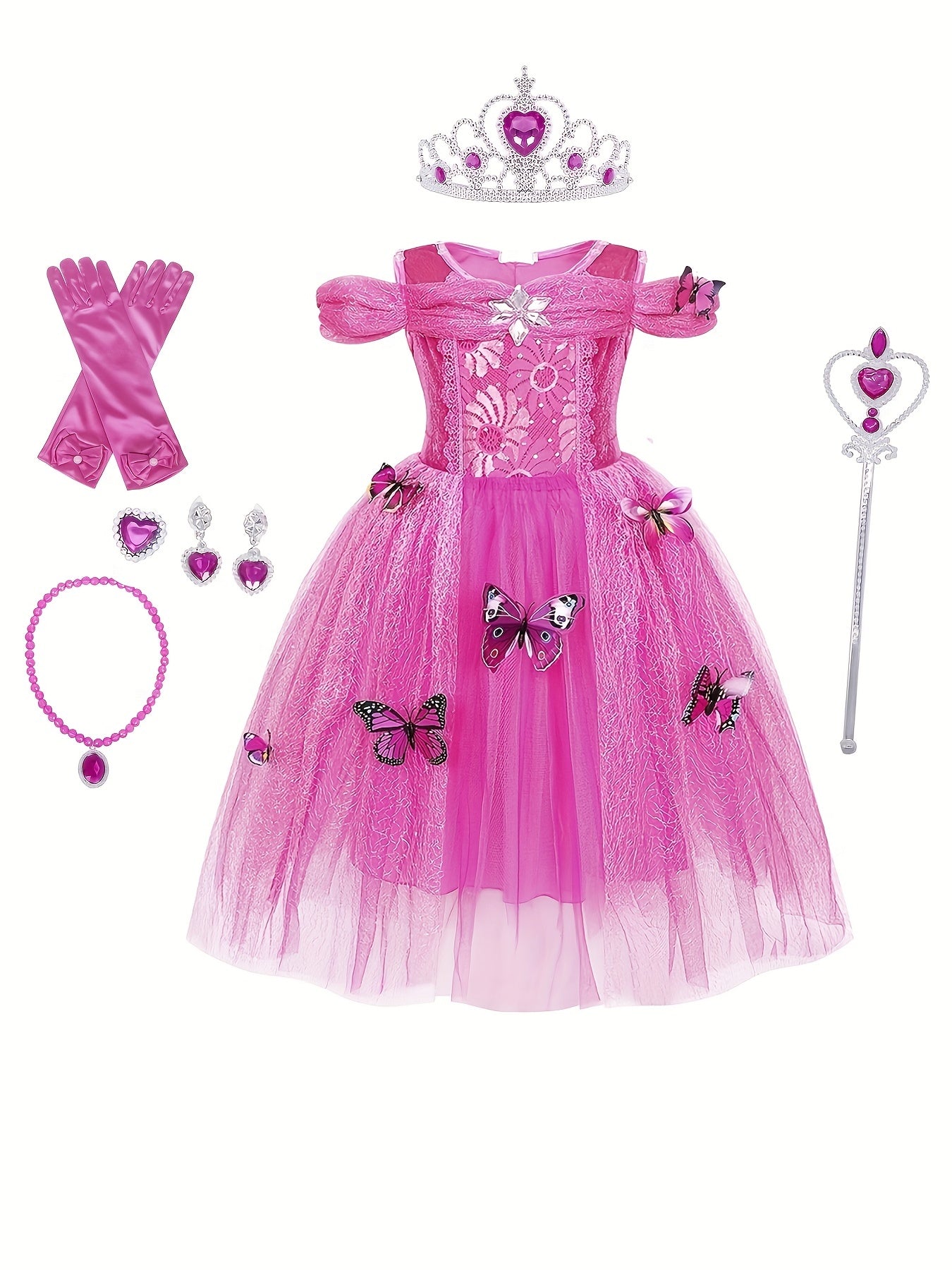 Girls Off Shoulder Princess Dress Mesh Lace Butterfly Holiday Party