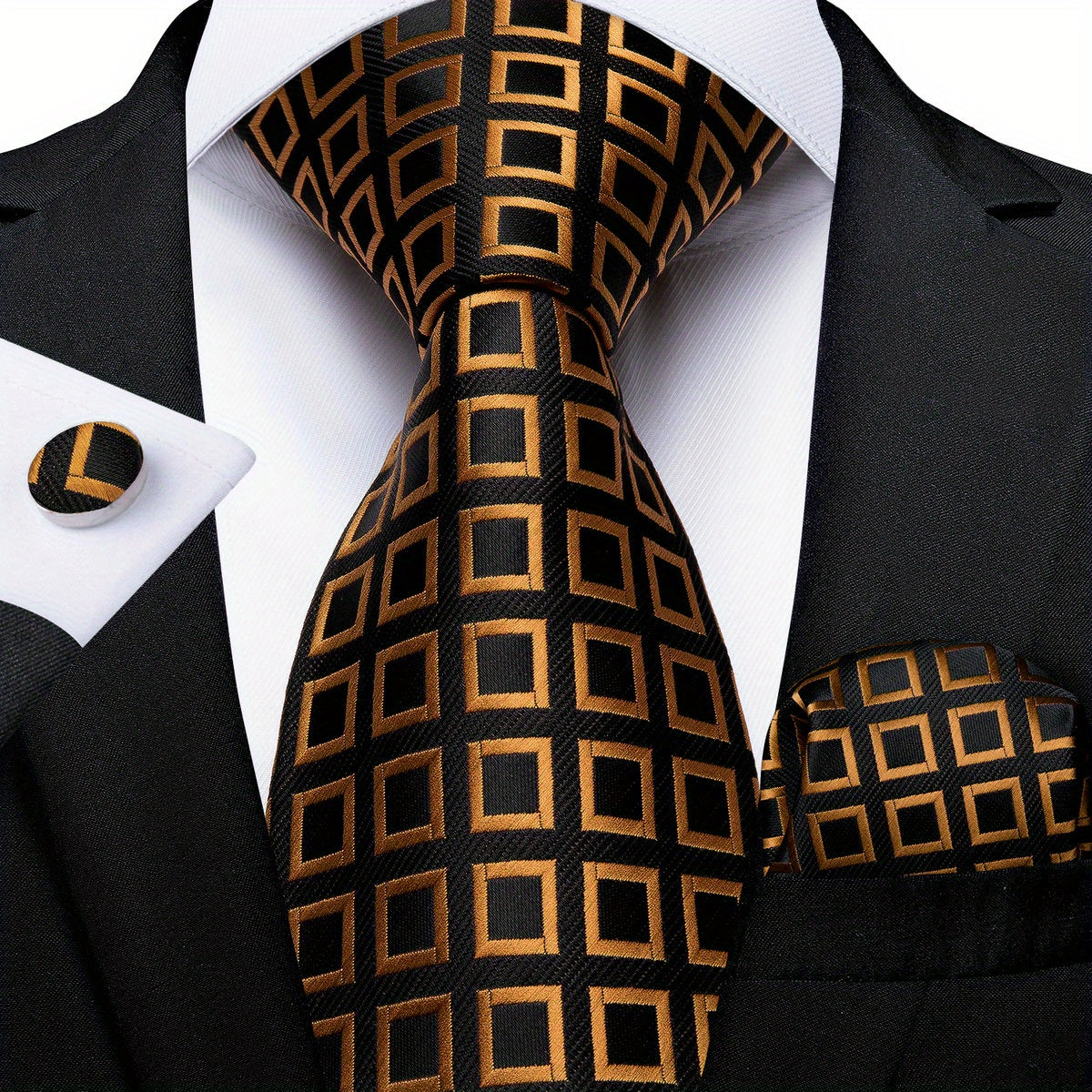 Men's Golden Striped Paisley Floral Necktie Set Silk Woven Business