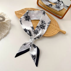 Plant Print Skinny Scarf Silky Long Ribbon Neckerchief Satin Twilly Scarf