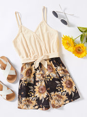 Girls Floral Print Sunflower Dress Sleeveless Casual Suspenders