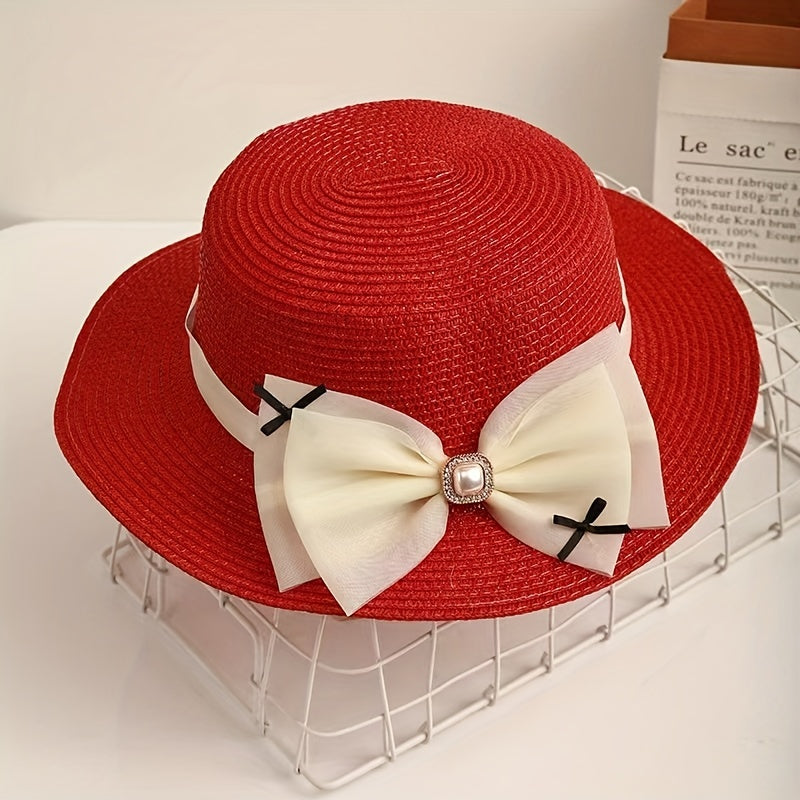 Mesh Bow Decor Sun Hat Flat Top Straw Fedora Solid Jazz Hat