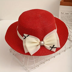 Mesh Bow Decor Sun Hat Flat Top Straw Fedora Solid Jazz Hat