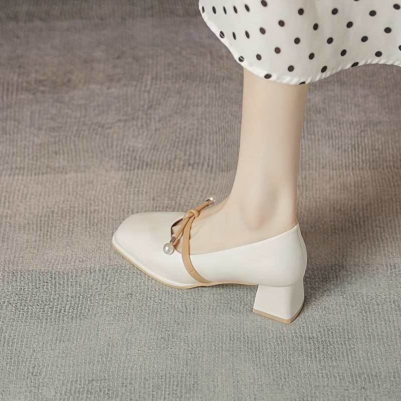 Retro Pearl Decor Square Toe Pumps Chunky Heel Dress Shoes