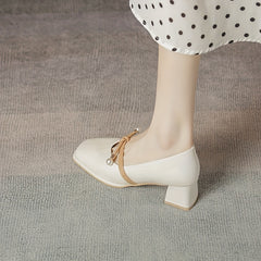 Retro Pearl Decor Square Toe Pumps Chunky Heel Dress Shoes