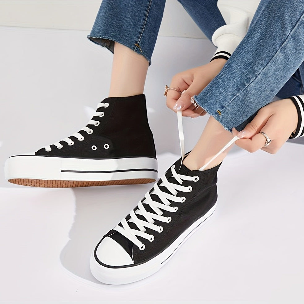 Women's Platform High Top Canvas Shoes Solid Round Toe Lace Up Sneakers