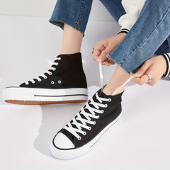 Women's Platform High Top Canvas Shoes Solid Round Toe Lace Up Sneakers