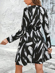 Brush Print A Line Dress V Neck Long Sleeve Casual Dress