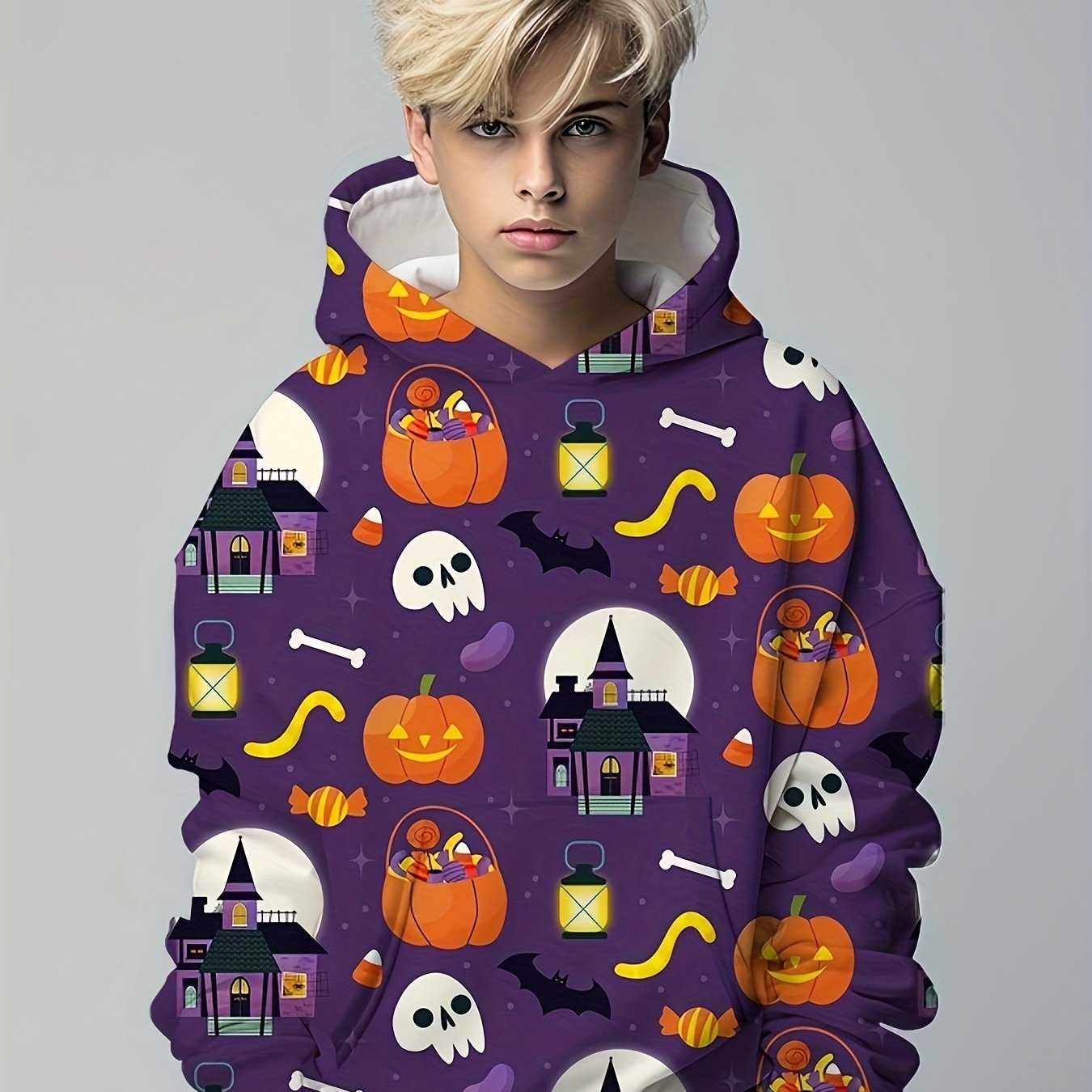 Skull & Pumpkin Print Kid's Hoodie Halloween Elements Unisex Pullover