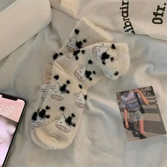 2 Pairs Cartoon Cow Spot Socks Warm & Fuzzy Stockings
