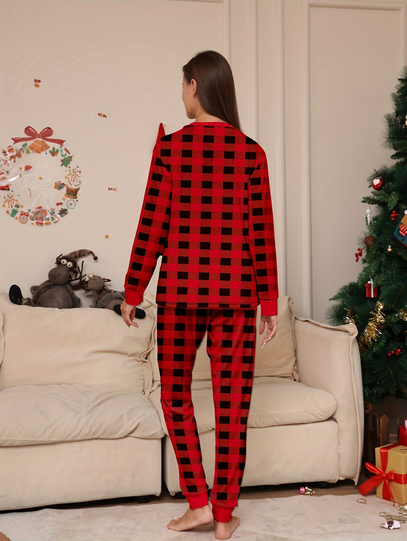 Plaid Print Christmas Pajama Set Long Sleeve Top & Pants Women's Sleepwear