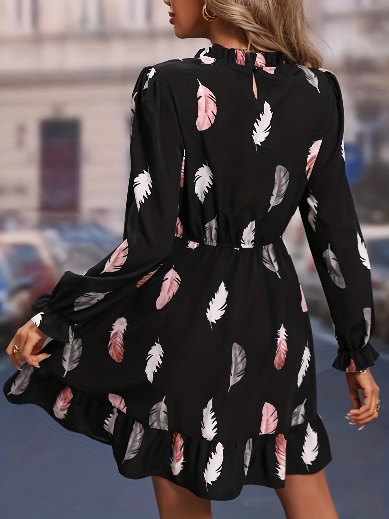 Feather Print Keyhole Dress Long Sleeve Women's Clothing