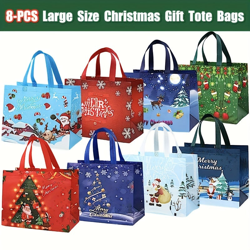 8pcs Christmas Gift Bags w/ Handles, Reusable Tote Bags, Non Woven M
