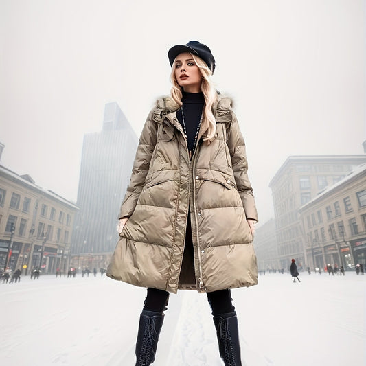 Women's Mid-Length Puffer Hooded Jacket for Winter Outdoor Sports