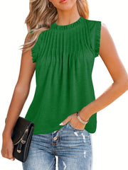 Pleated Crew Neck Tank Top Sleeveless Casual Summer Women's Clothing