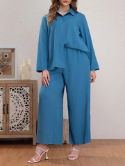 Ribbed Long Sleeve Polo Neck Blouse & Wide Leg Pants Set