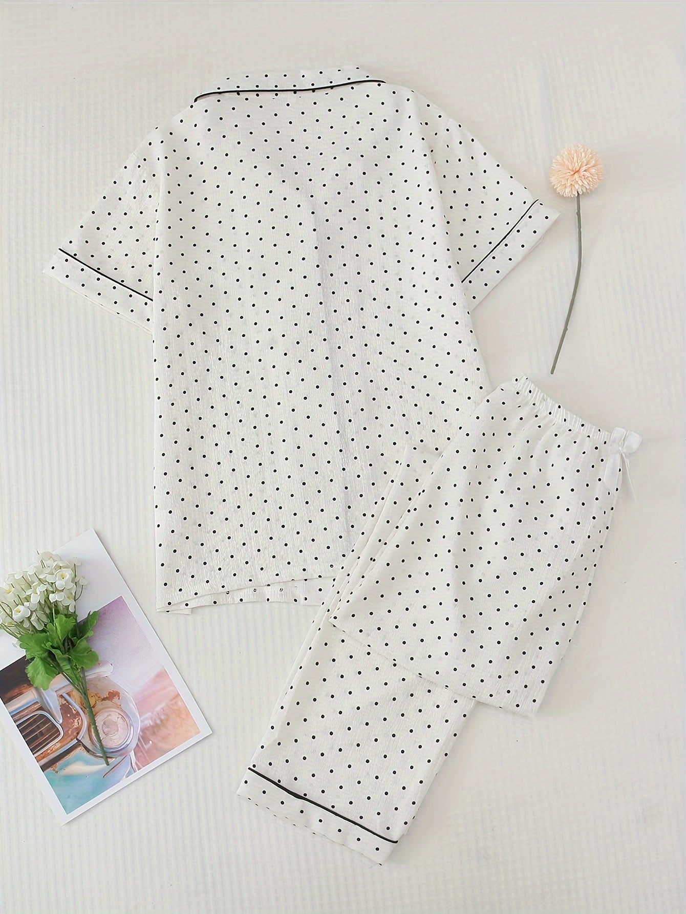 Polka Dot Print Pajama Set Short Sleeve Buttons Top & Elastic Waistband Pants