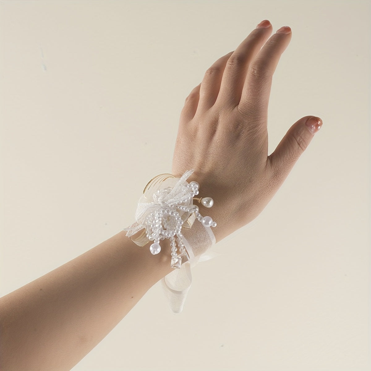 Mesh Bowknot Wristband Faux Pearl Crystal Bridal Wedding Jewelry